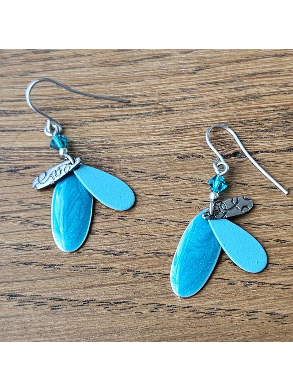 Blue Silver Layered hook Drop Earrings Embossed Enameled Charms Crystal Accents